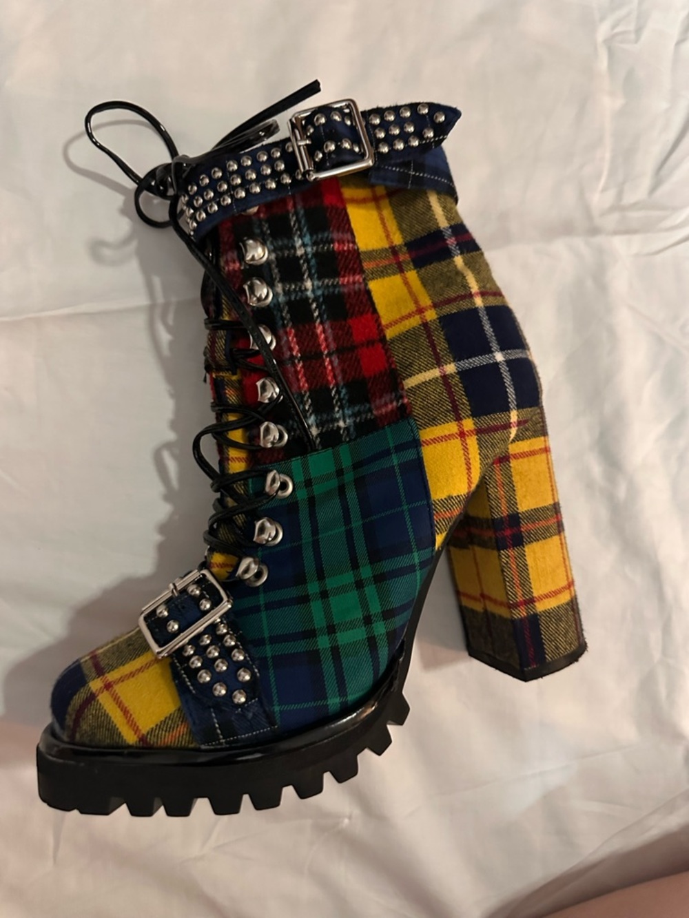 Jeffrey Campbell Plaid Studded Lace-Up Block Heel Boots - Yellow/Green/Blue - Picture 10 of 10